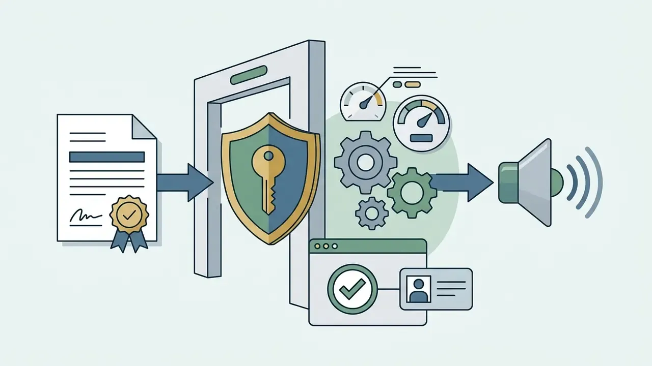Document passing through a security gate with a key shield to reach processing gears and audio output