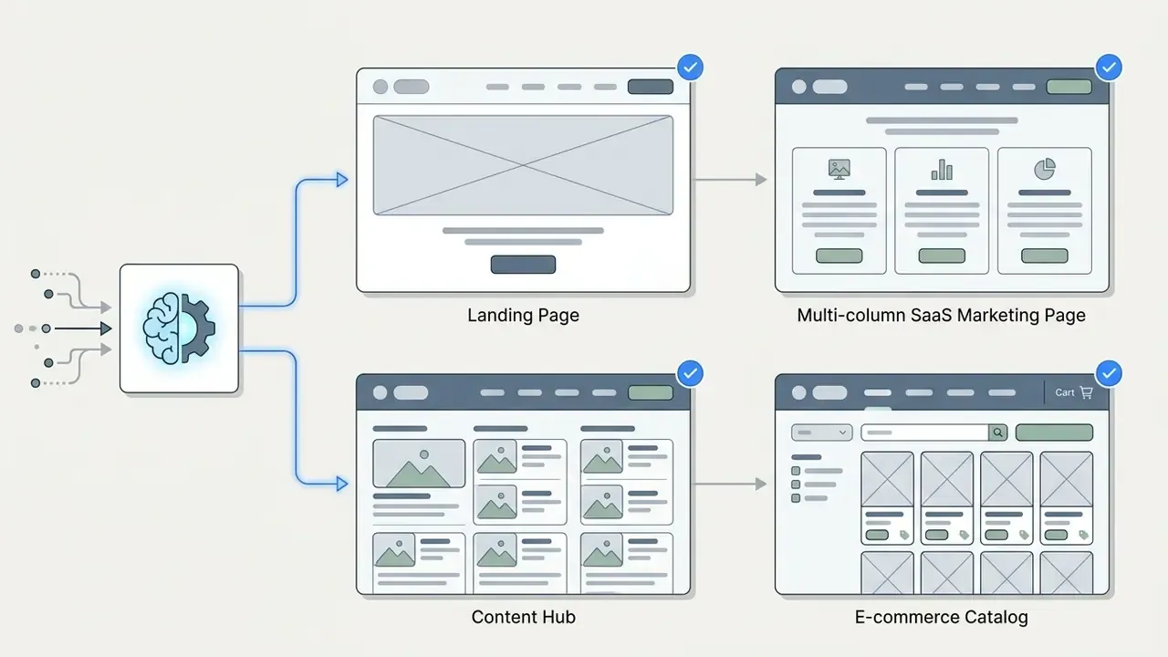 Centralized processing icon branching into various website wireframe layouts like landing pages and catalogs