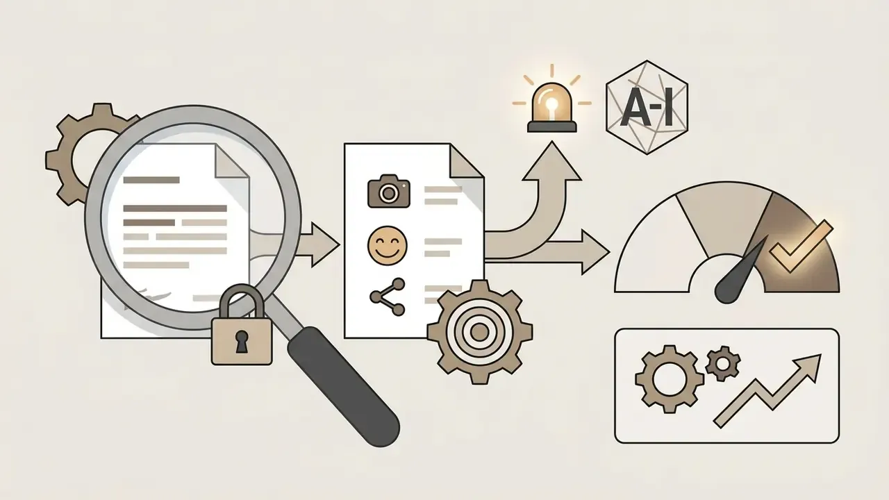 Magnifying glass examining a document leading to a gauge and an alert icon for AI compliance assessment