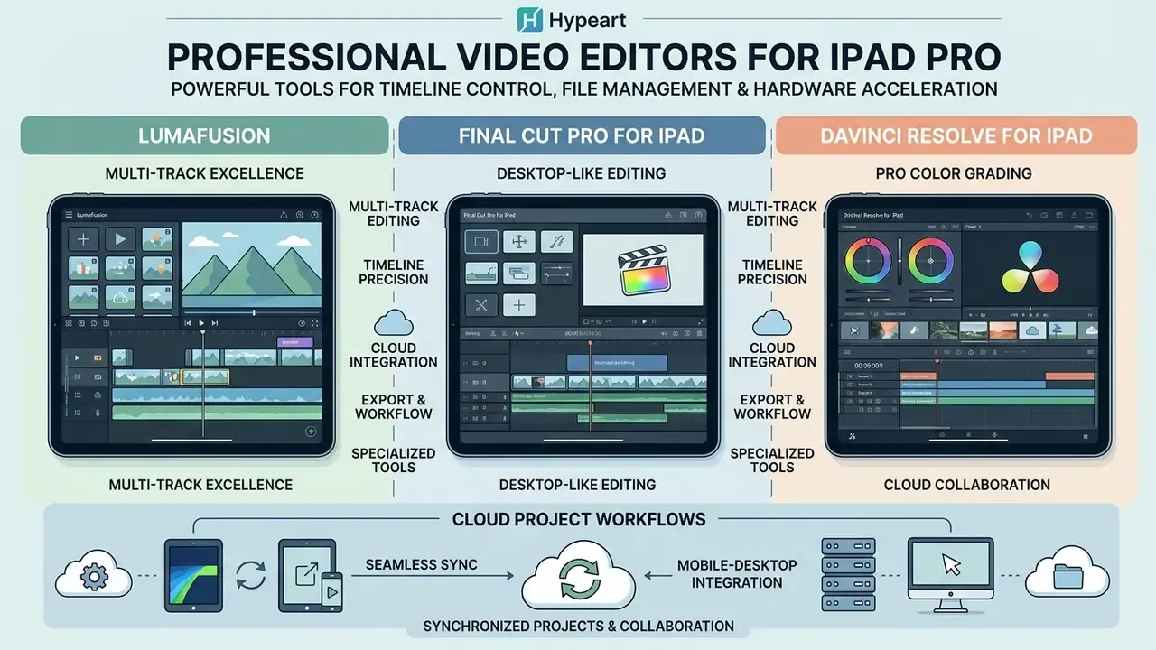 Comparison of LumaFusion, Final Cut Pro, and DaVinci Resolve highlighting cloud project workflows