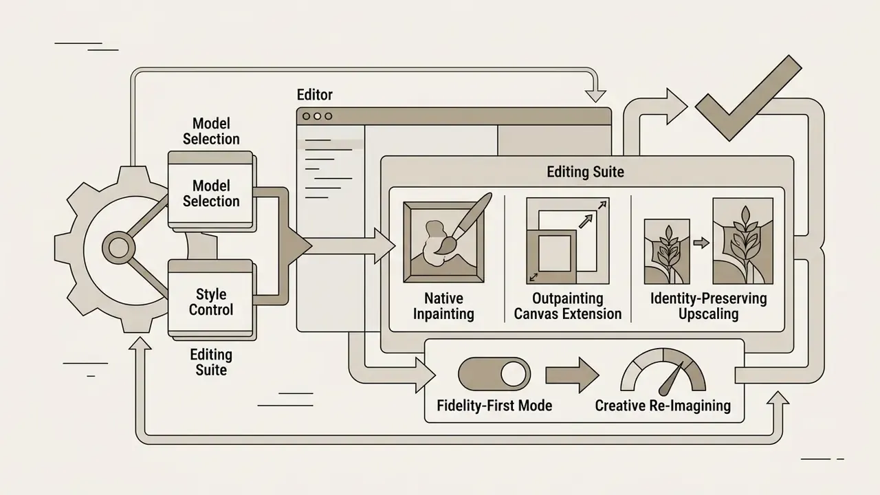 System workflow showing model selection and editing tools for inpainting, outpainting, and upscaling