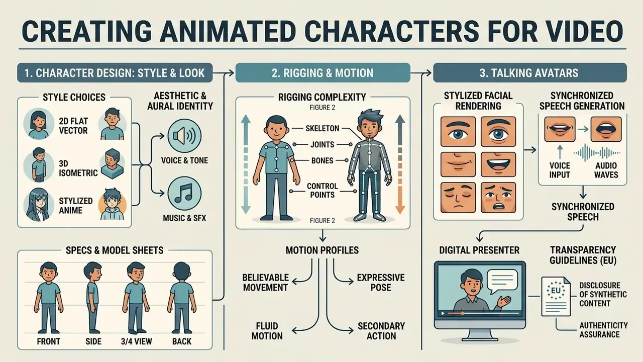 Three-step infographic outlining character design, rigging, and voice synchronization for video production