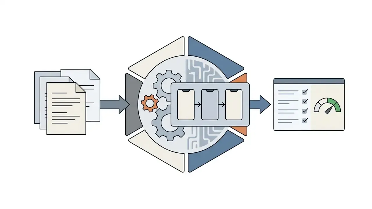 Stack of pages feeding into a central gear and circuit hub linked to a checklist and speedometer gauge