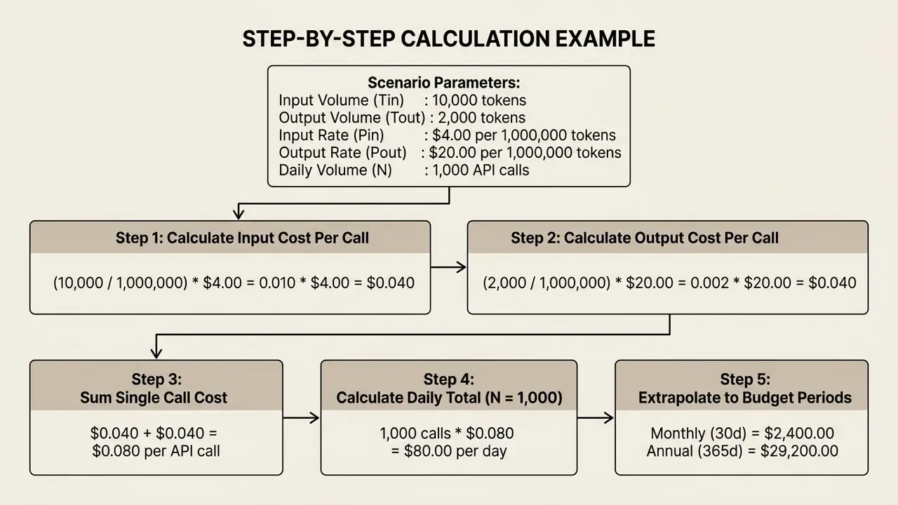 Diagram showing five sequential steps to calculate AI API costs based on token usage and call volume