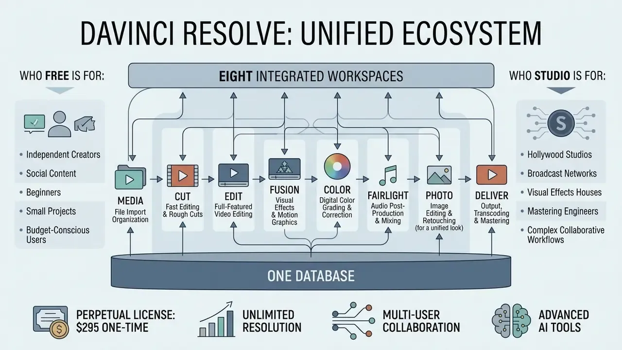 Infographic showing the DaVinci video editor ecosystem with eight integrated workspaces and one database