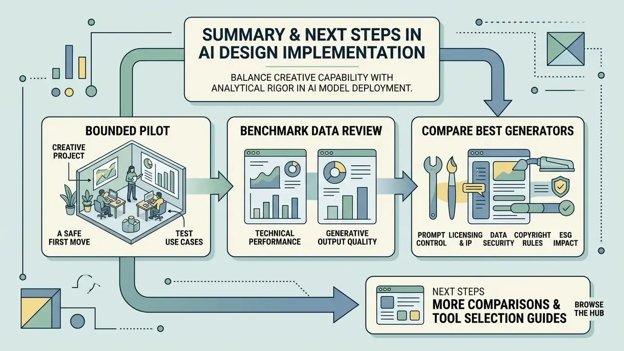 Strategic roadmap for AI art and design implementation showing pilot testing, data review, and tool comparison
