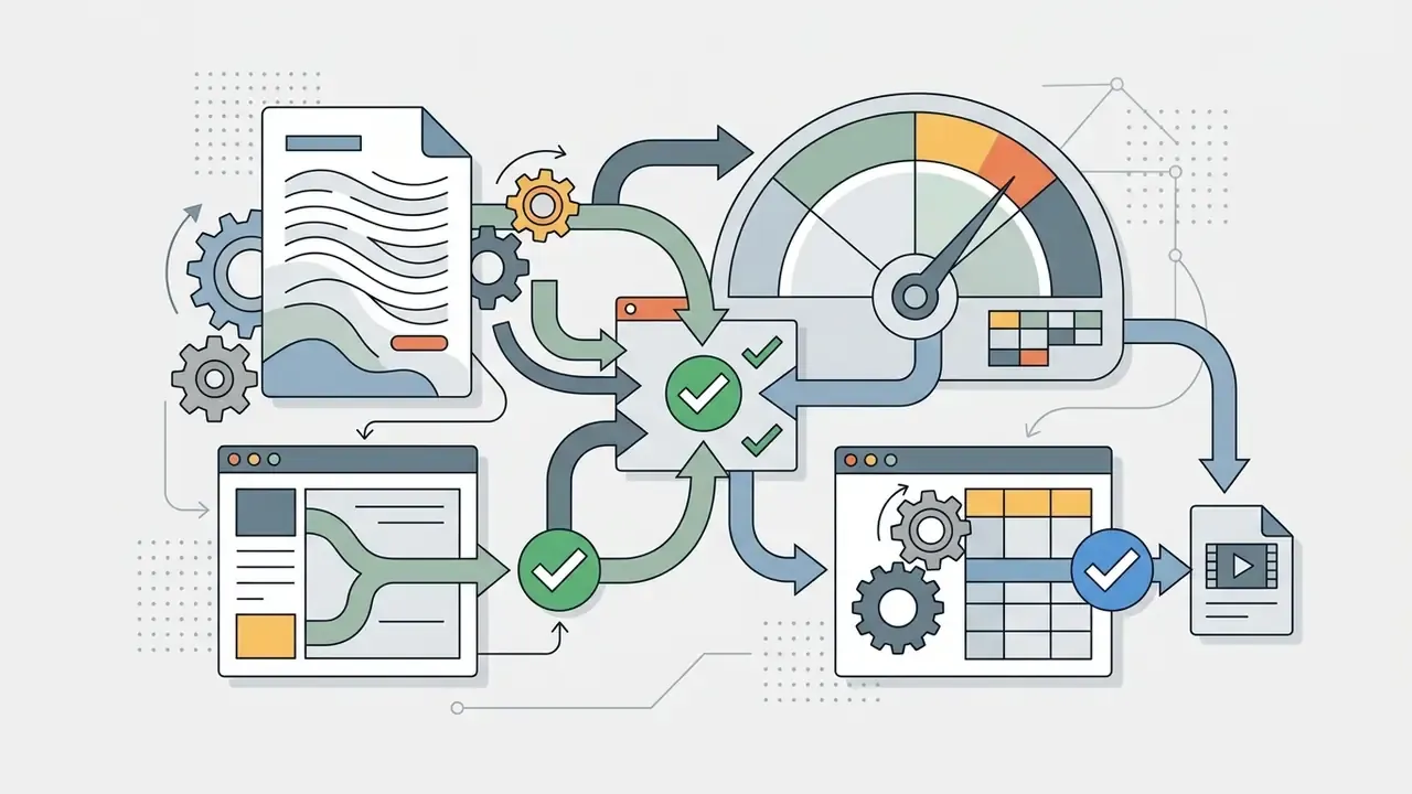 Documents and software windows connected by arrows to a central checkmark icon and a performance gauge