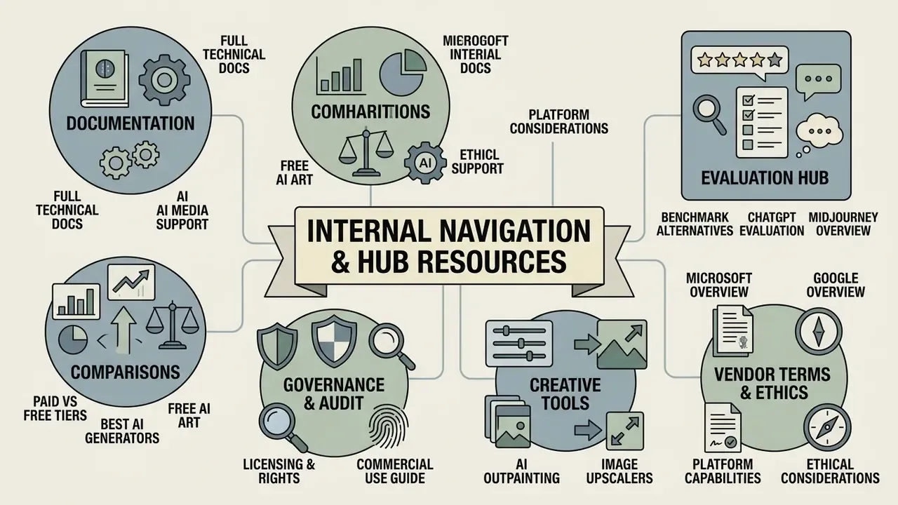 Central banner connecting circular icons representing documentation, governance, and creative AI tools