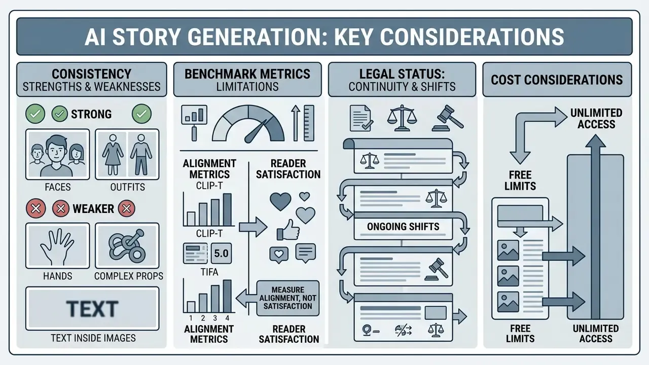 Four-column chart summarizing consistency, benchmark metrics, legal status, and cost for AI story generation