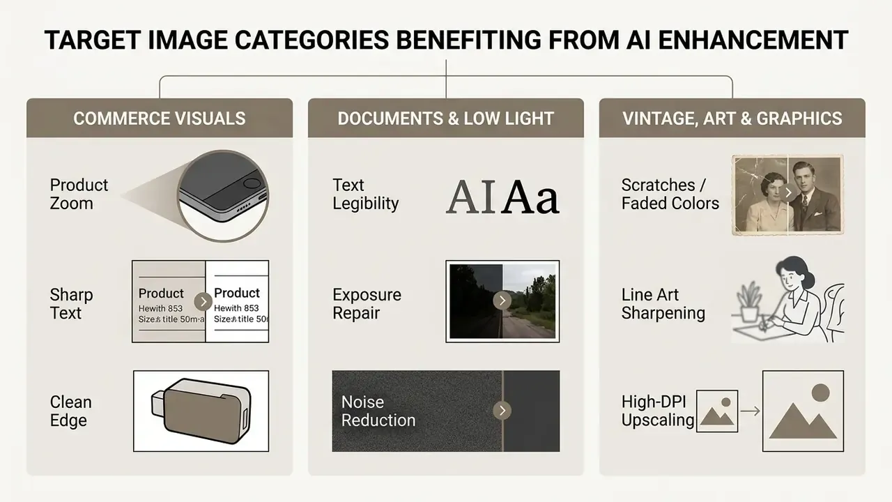 Table categorizing image types that benefit from AI enhancement including commerce, documents, and art