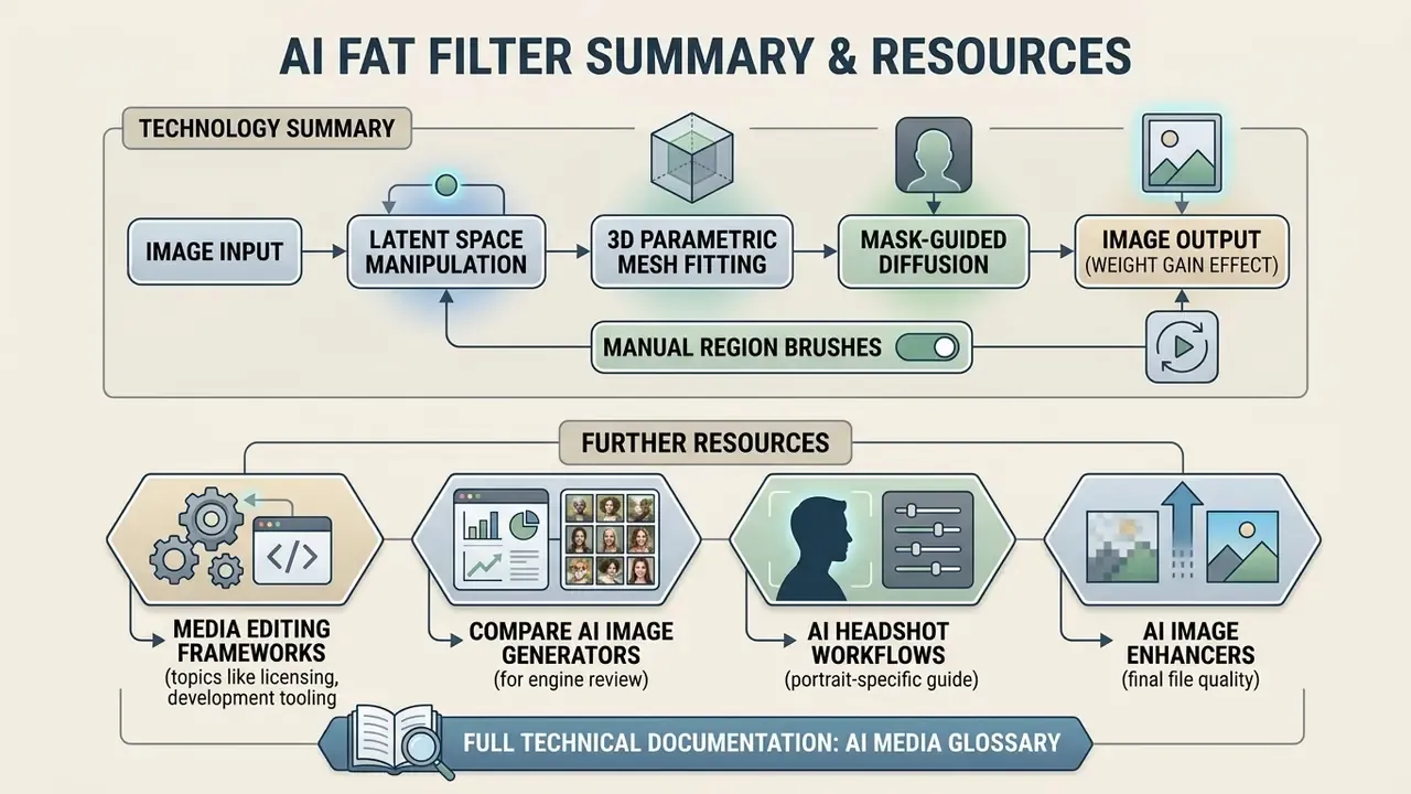 Process diagram linking latent space manipulation and mesh fitting to resource guides for media editing