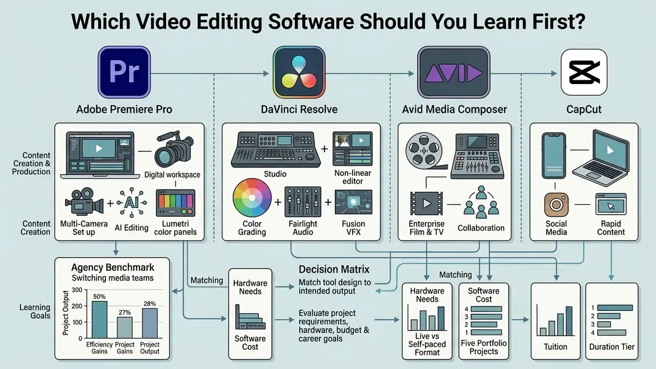 Comparison chart of video editing software features and decision factors for choosing a professional tool