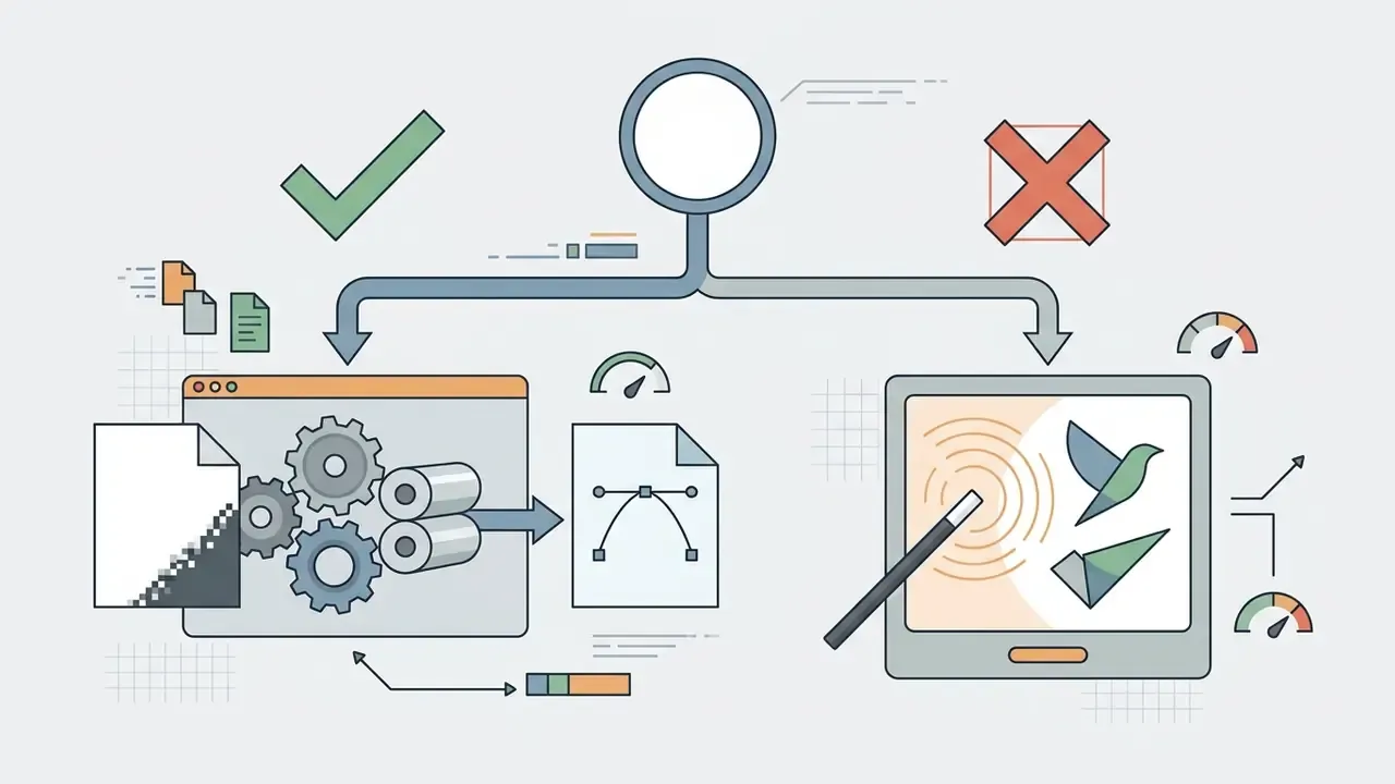 Decision tree showing a choice between using a file converter with gears or a creative design tool