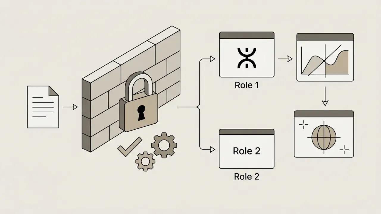 File icon passing through a locked wall to reach authorized user roles and data analysis windows