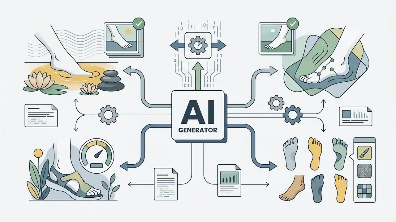 Central AI generator hub connecting to various foot imagery styles, wellness scenes, and technical data icons