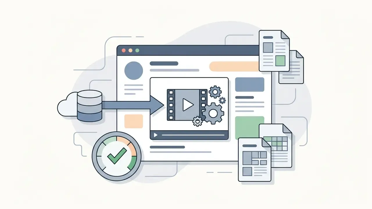 Cloud database streaming video to a web browser interface with gears and document icons