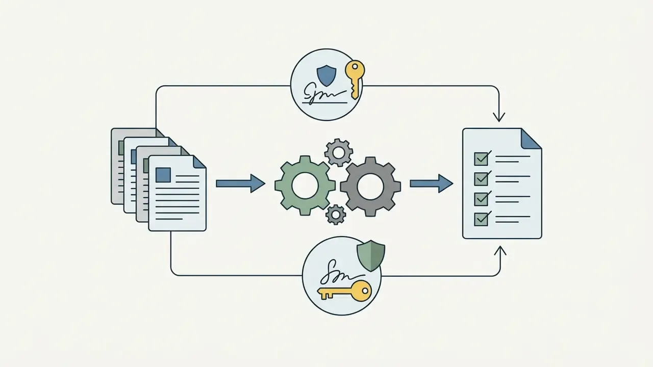 Documents passing through gears to a checklist with signed key and shield verification icons