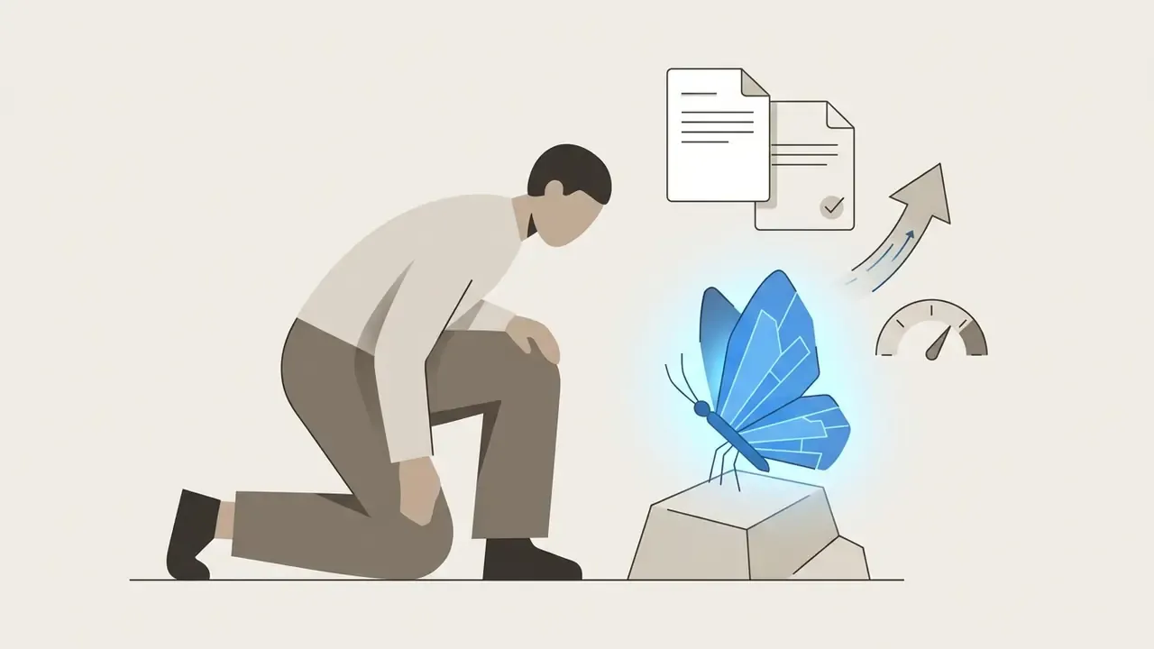 Person kneeling to observe a glowing blue butterfly near document icons and a rising performance gauge