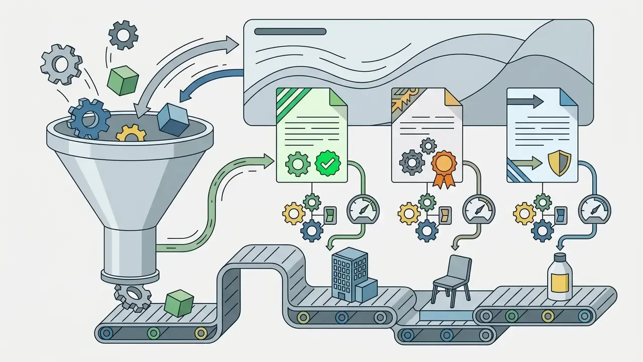 Funnel processing gears and cubes into documents that regulate production on a conveyor belt
