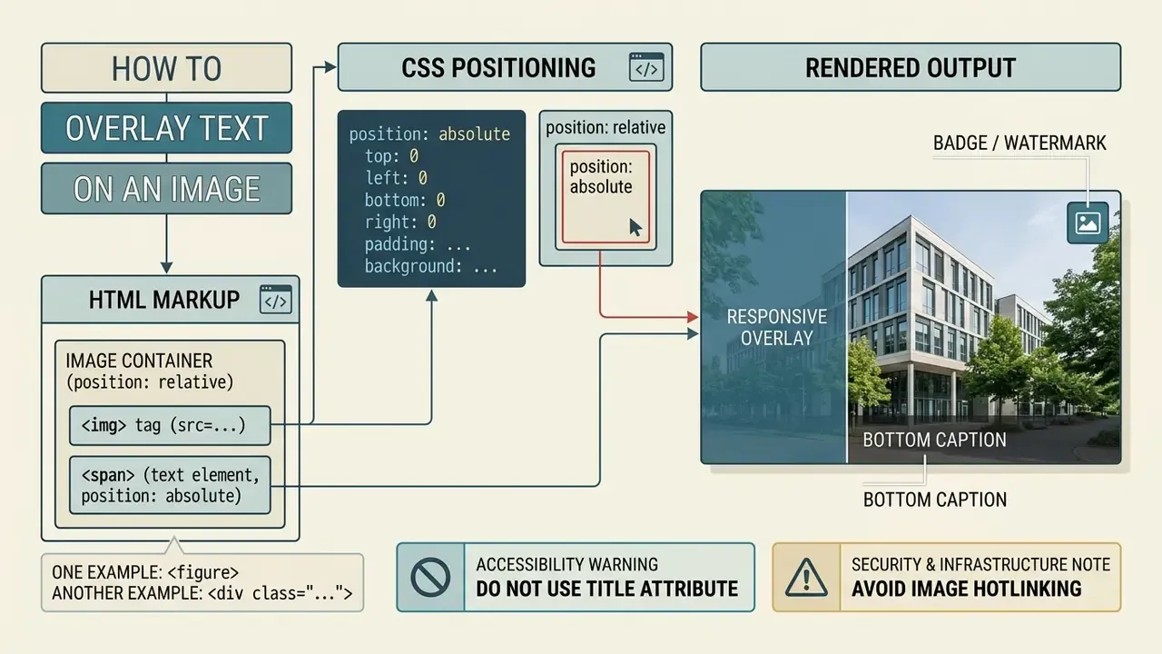 Infographic showing HTML markup and CSS positioning steps to overlay text on an image