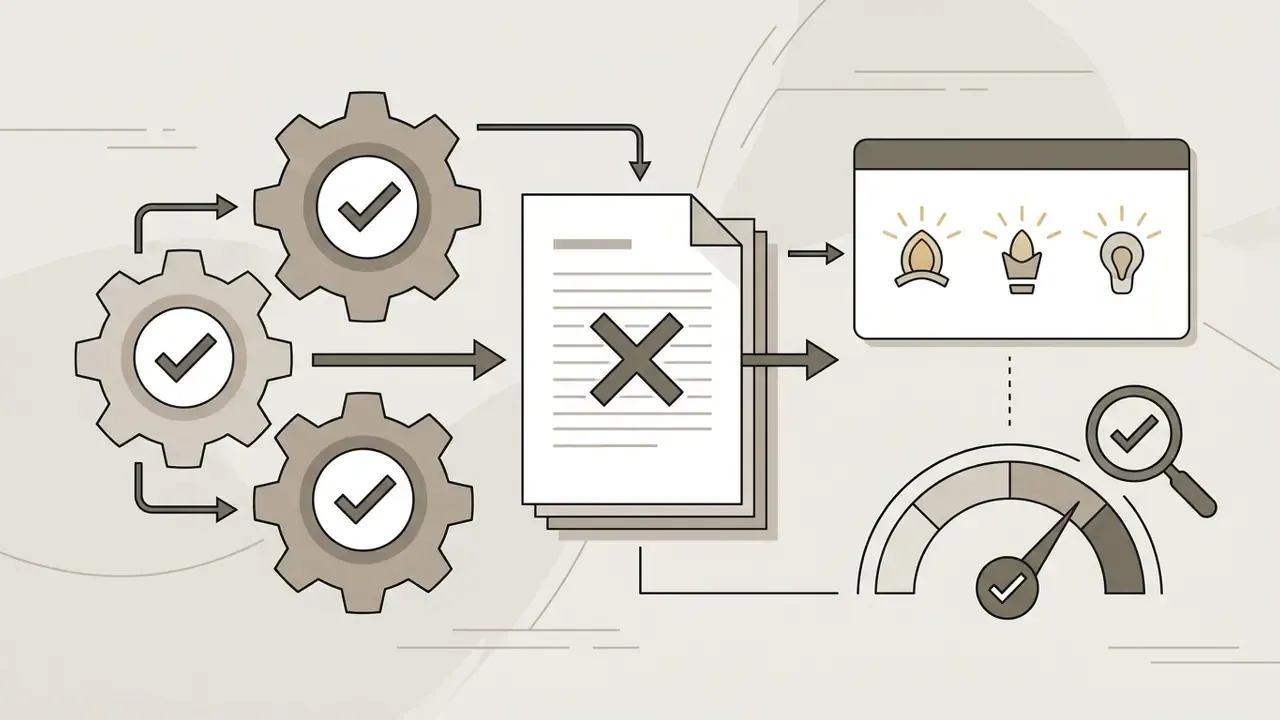 Gears with checkmarks processing a document marked with an X into a dashboard with icons and a gauge
