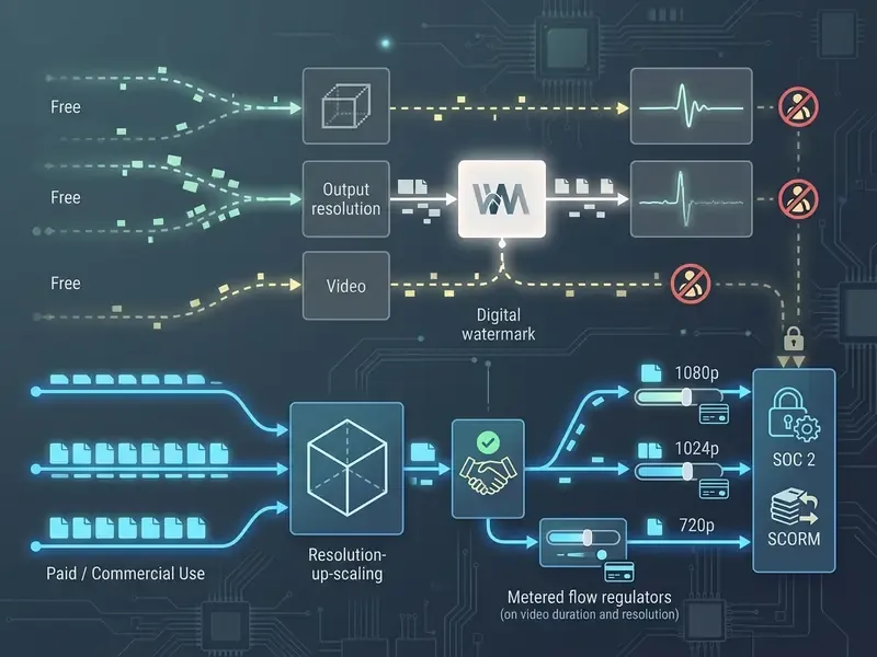Diagram contrasting free video generation workflows with paid commercial licensing and resolution tiers