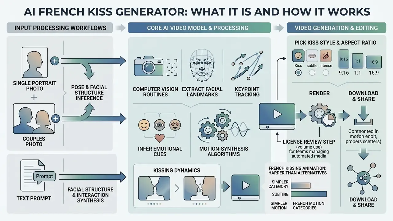 Flowchart showing how an AI French kiss generator processes photos and prompts into animated video clips