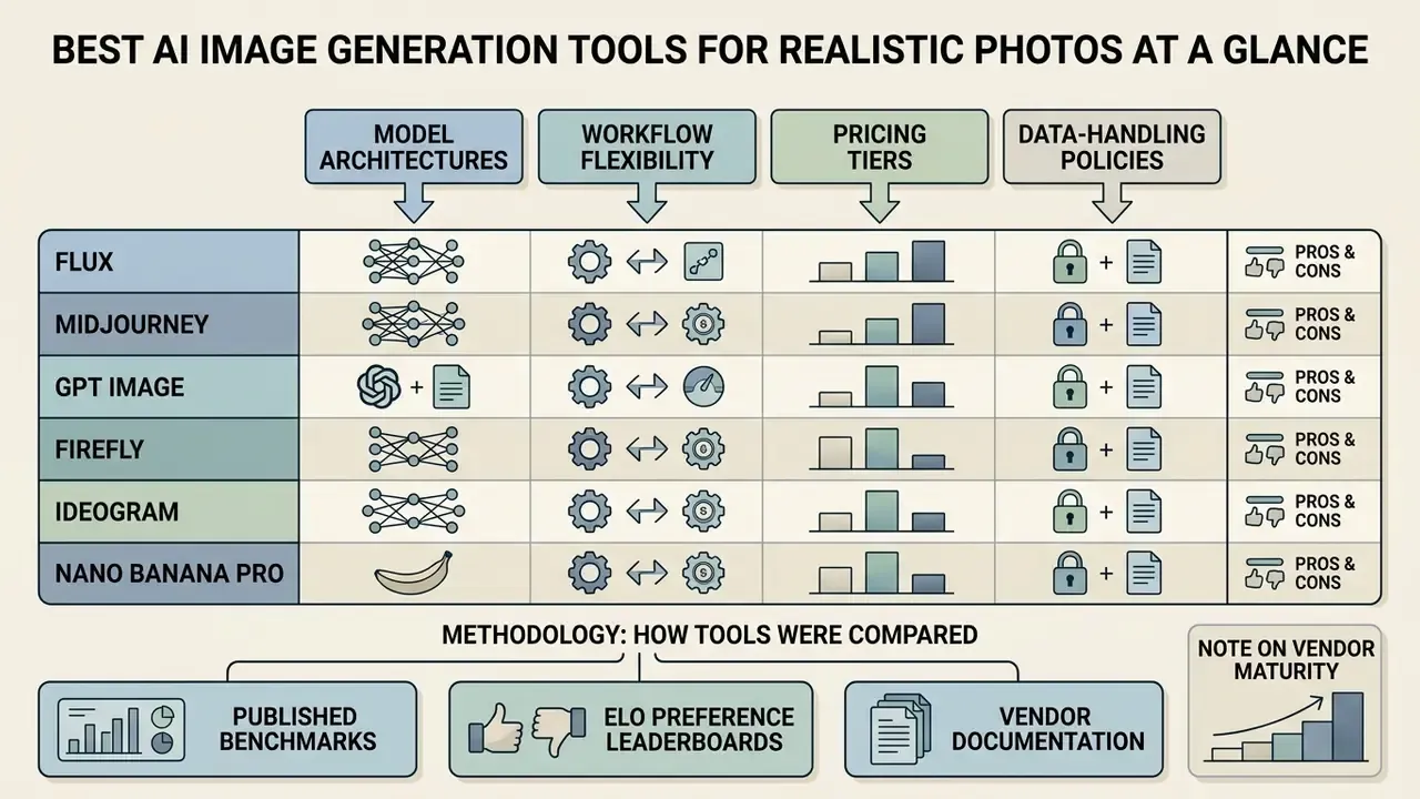 Comparison table of AI image generation tools evaluating architecture, workflow, pricing, and data policies
