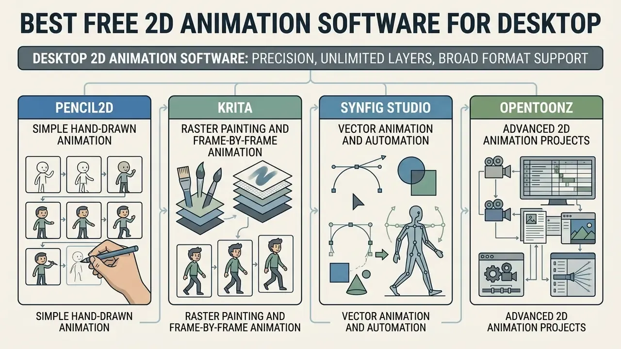 Comparison chart of Pencil2D, Krita, Synfig Studio, and OpenToonz for desktop 2D animation workflows