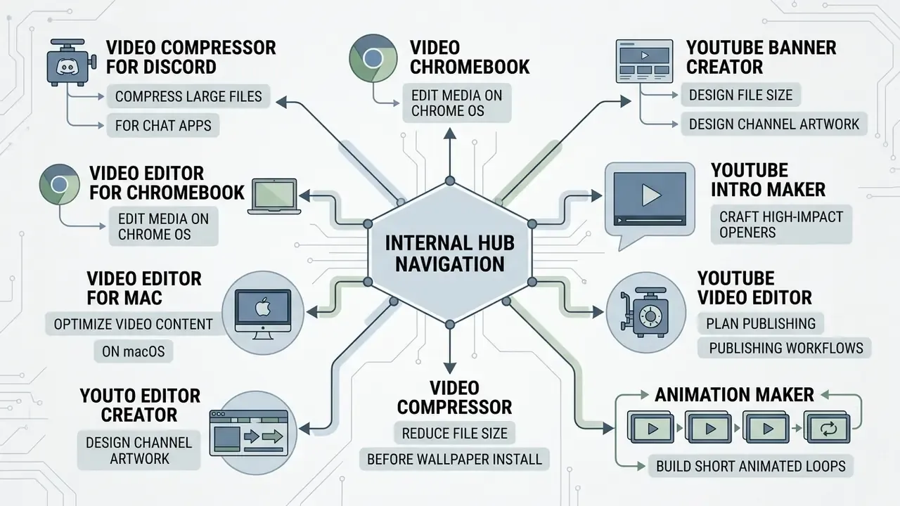 Central hub connecting various video editing and optimization tools for creative workflows