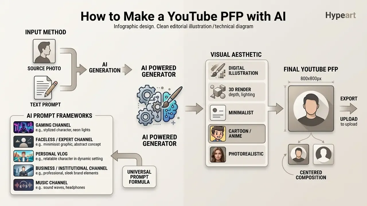 Flowchart showing steps to create profile graphics using source photos, text prompts, and style selections