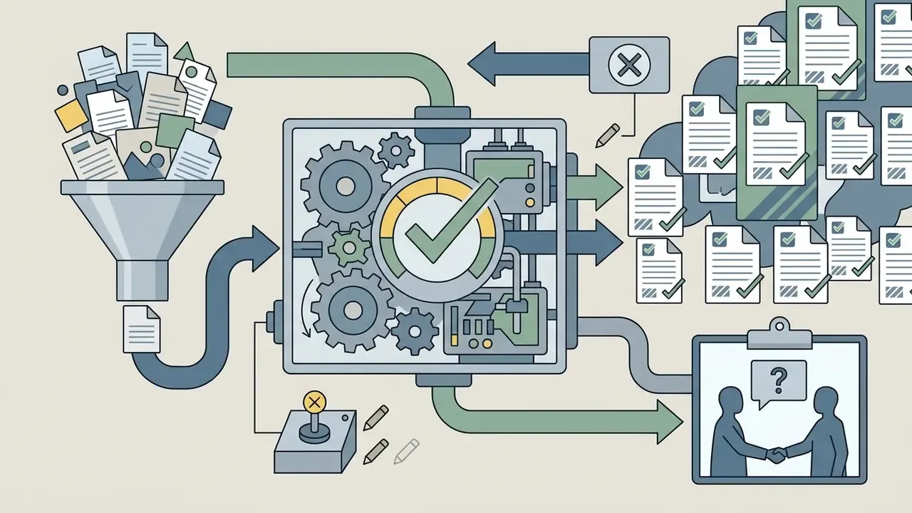 Documents entering a funnel and gear system to produce branded files and consultation requests
