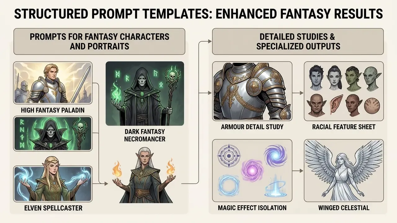 Infographic categorizing fantasy character portraits and specialized design elements into structured templates
