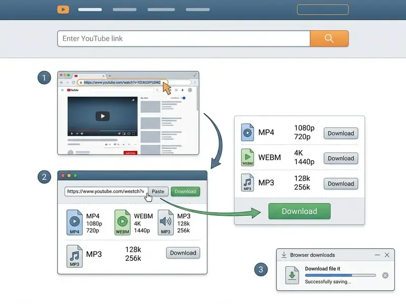 Numbered interface screenshots showing how to use a YouTube video downloader online to save media files