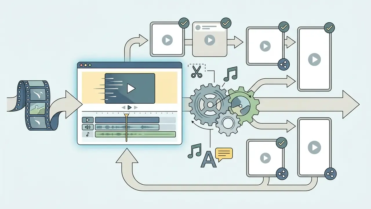 Video project being processed through gears to create square and portrait social media content