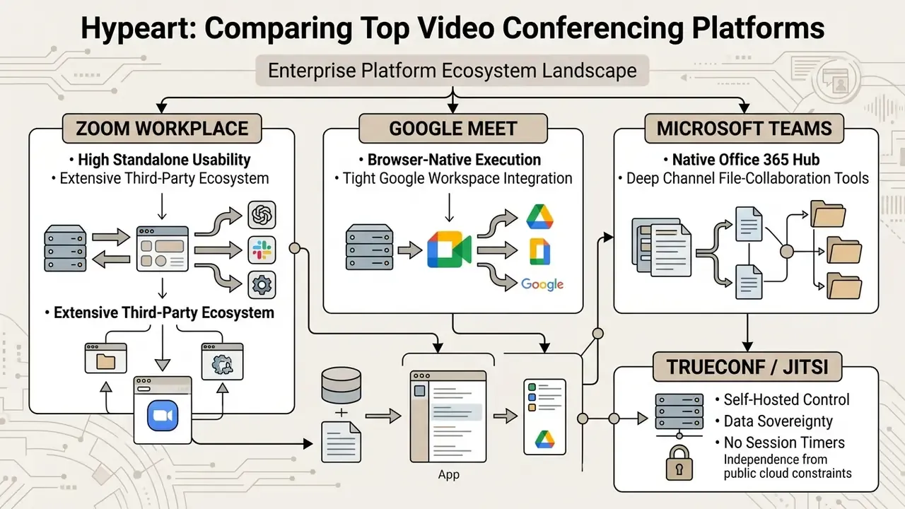 Diagram comparing the ecosystem features and integration capabilities of major video conferencing tools