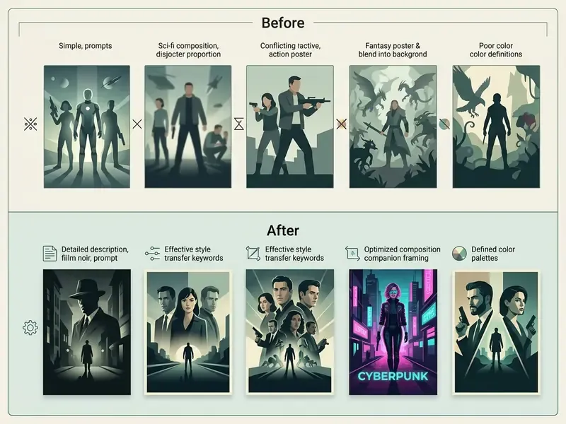Comparison of flawed versus refined movie poster designs generated by an AI movie poster generator