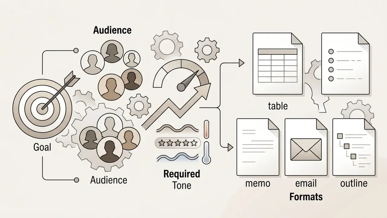 Target, audience, and tone settings feeding into a gear system that organizes data into specific formats