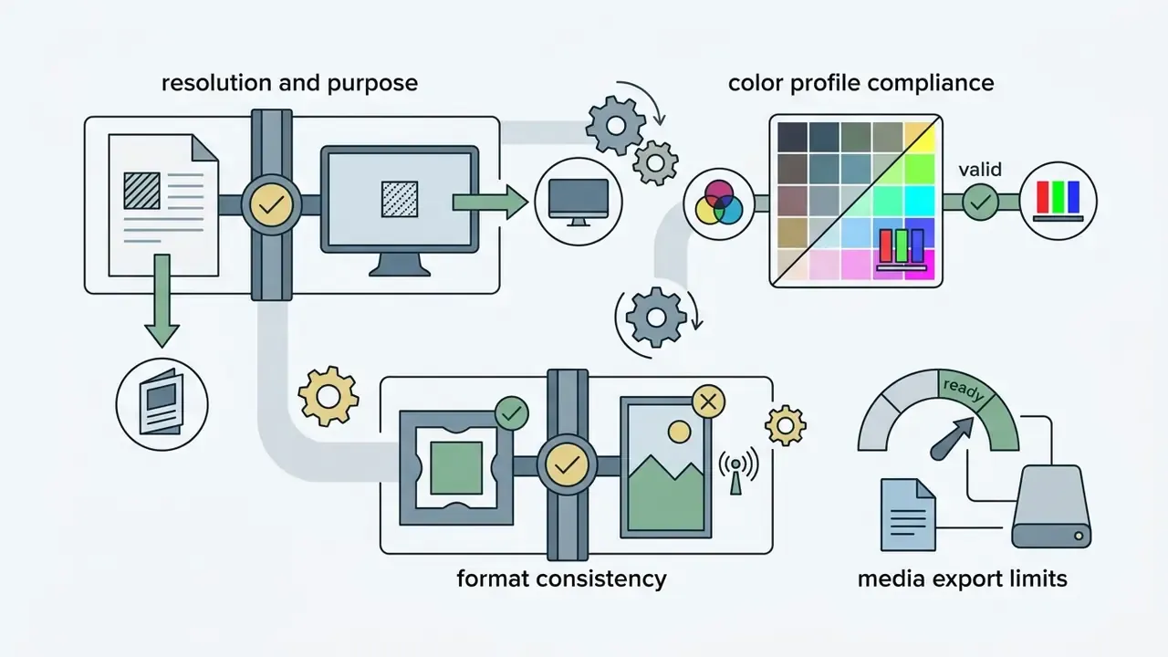 Technical workflow verifying resolution, color profiles, and media formats with gears and status gauges