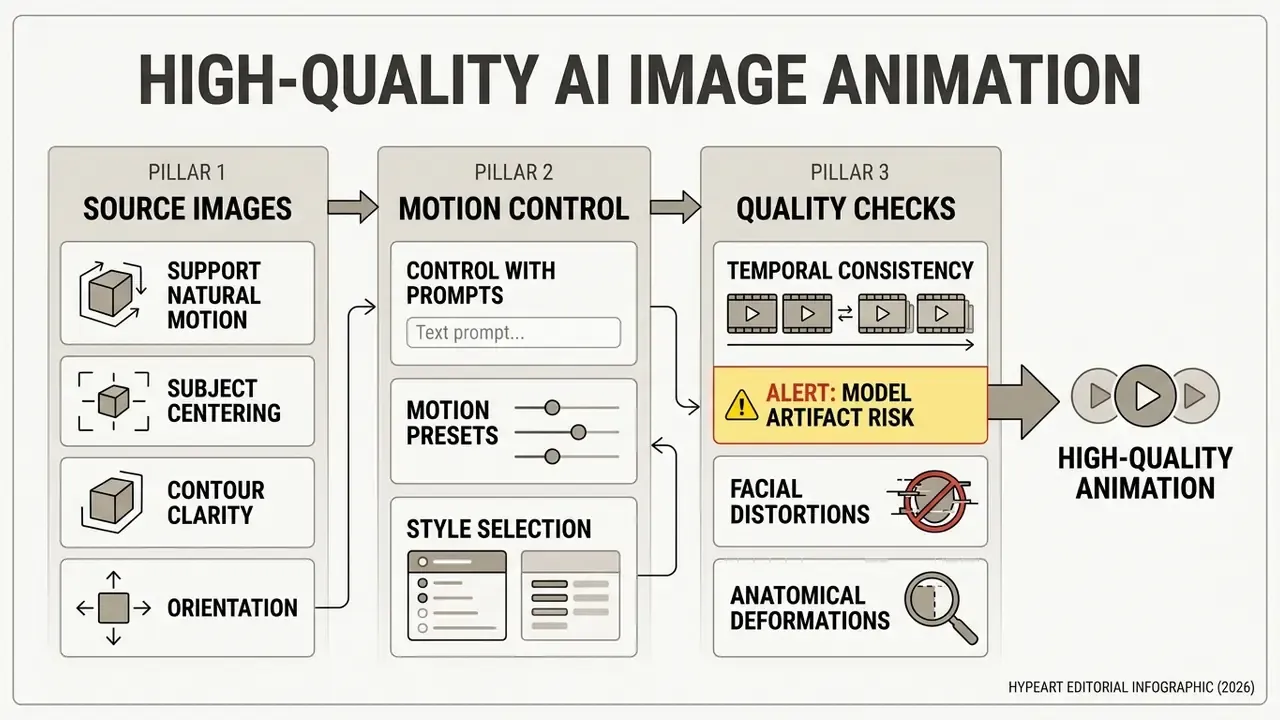 Three-pillar diagram detailing source images, motion control, and quality checks for AI animated image generator