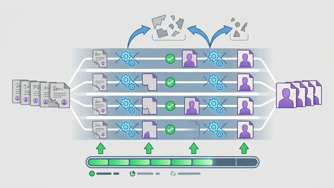 Parallel processing pipeline showing raw files being converted into isolated subjects via AI matting