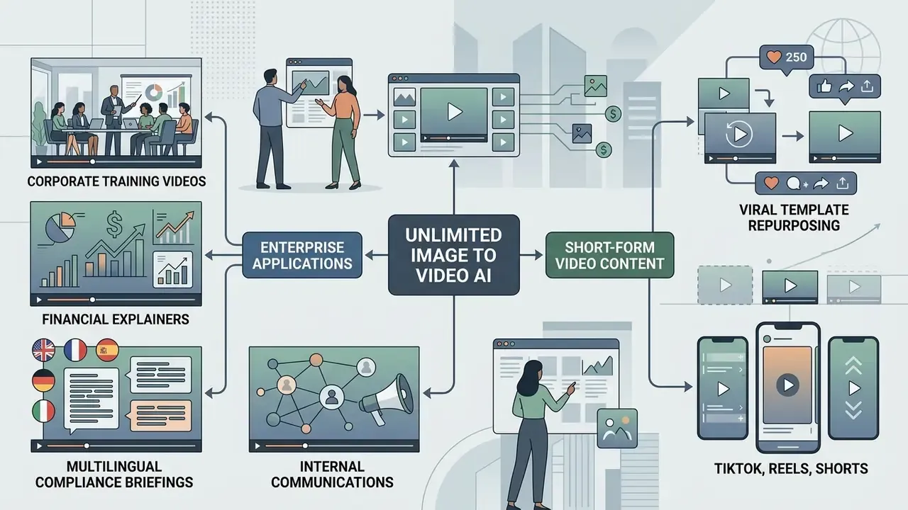 Infographic showing how unlimited image to video AI powers enterprise training and short-form social media