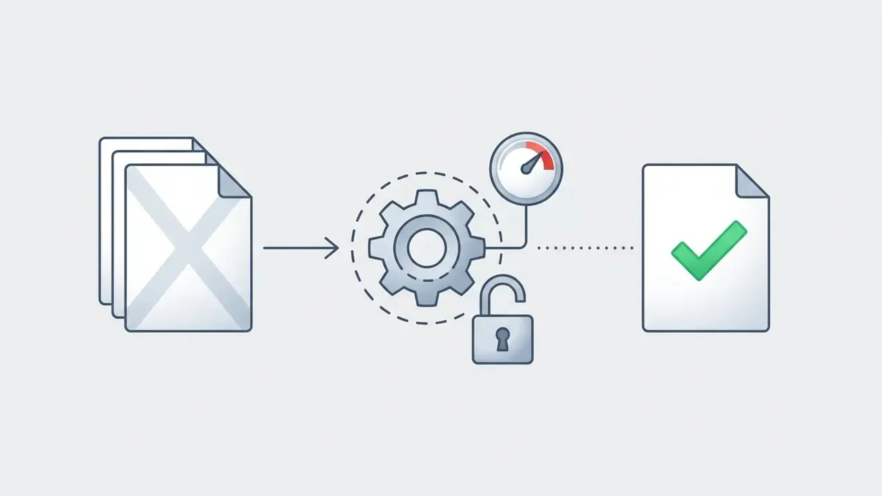 Document files with watermarks passing through a processing gear to become clean files with checkmarks