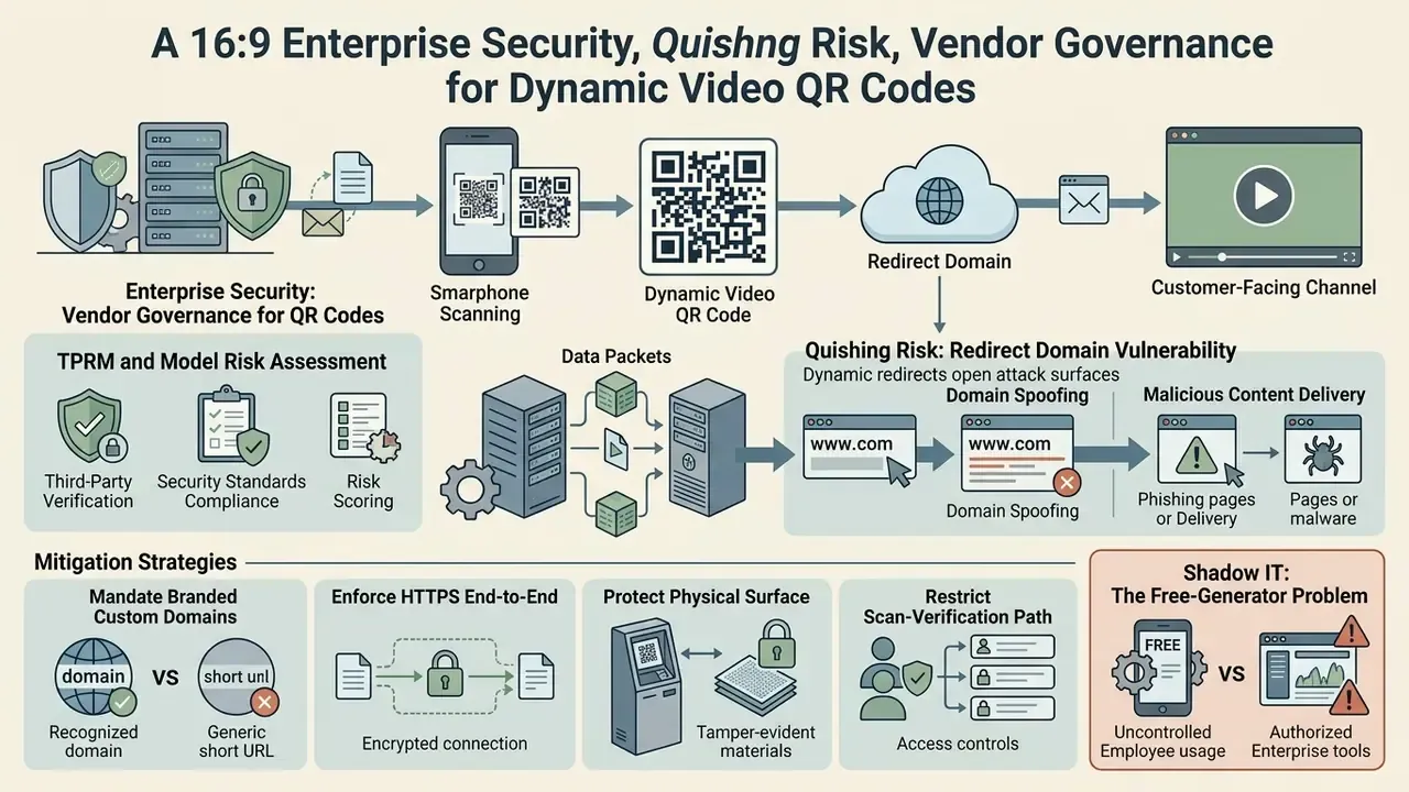 Infographic detailing security risks and mitigation strategies for using a dynamic video QR code generator