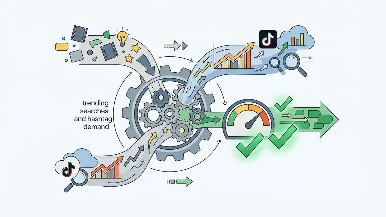 Gears processing video content and search data into a performance gauge with green checkmarks