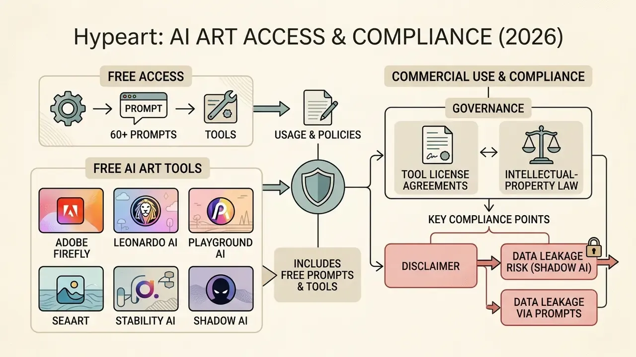 Diagram mapping the relationship between free art tools, usage policies, and commercial compliance