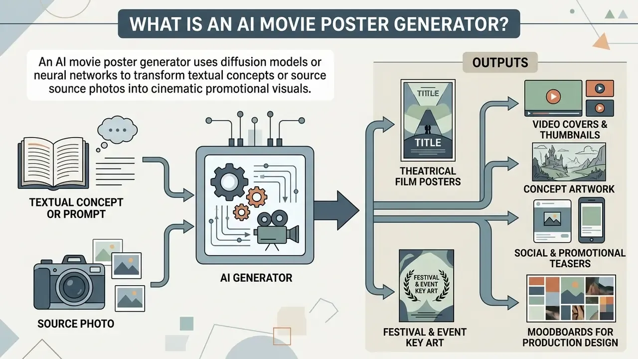Diagram showing how an AI generator converts text prompts and source photos into various visual outputs