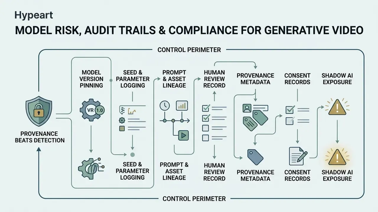 Flowchart outlining essential audit trails and governance controls for generative video production