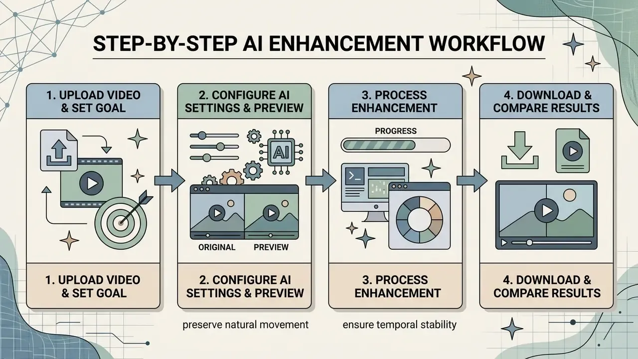 Four sequential steps for how to make video quality better using AI tools from upload to final download