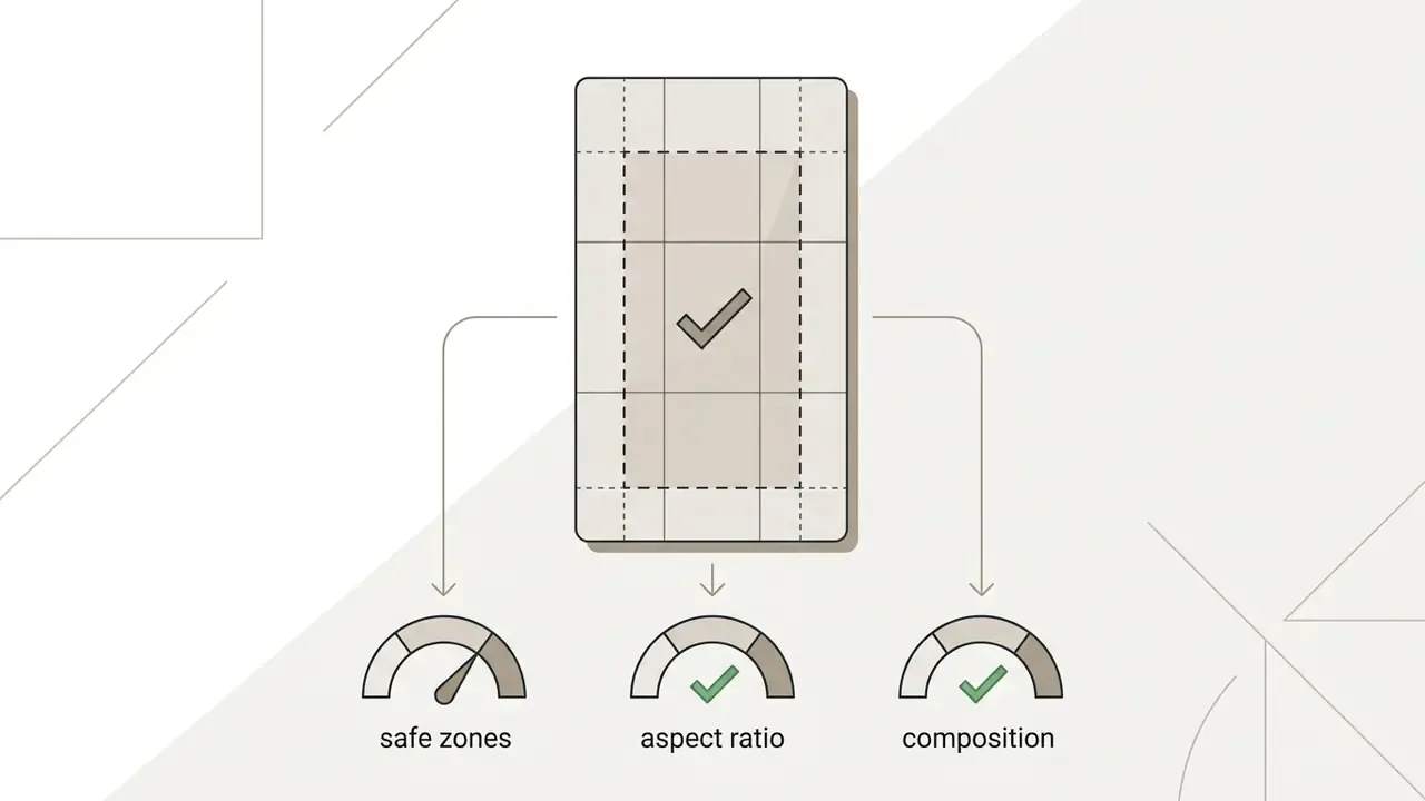 Vertical grid overlay with a checkmark pointing to gauges for safe zones, aspect ratio, and composition